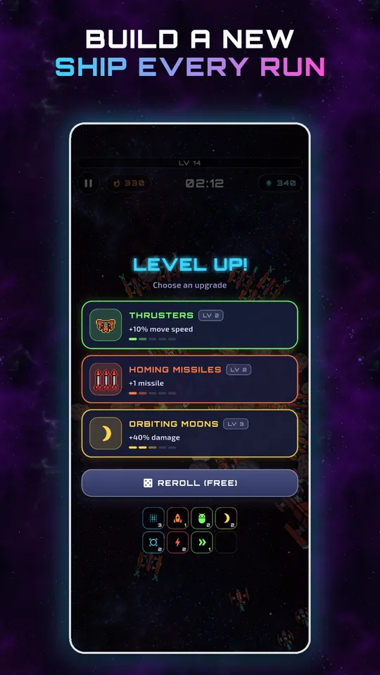 Level-up screen offering three upgrade choices