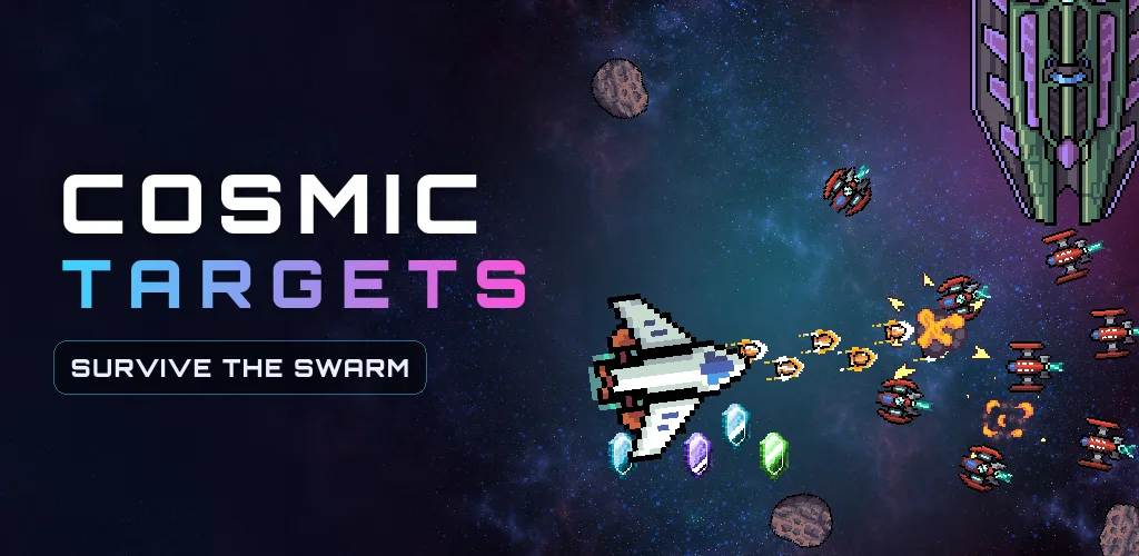 Cosmic Targets — a pixel-art ship firing at an alien swarm next to a mothership